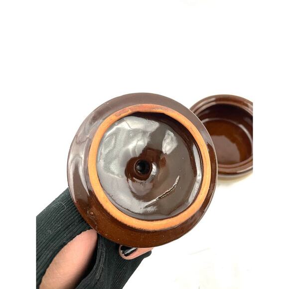 VTG Stoneware Pottery Bean Pot Double Handled Brown 3 Tones Small - Picture 3 of 12